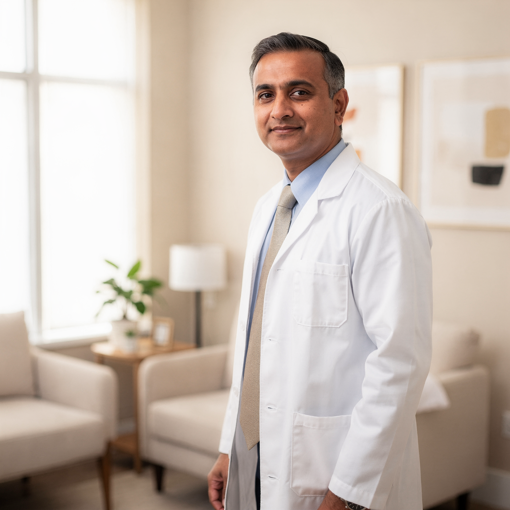 Male physician in white coat and blue tie standing in a bright medical office with modern furnishings
